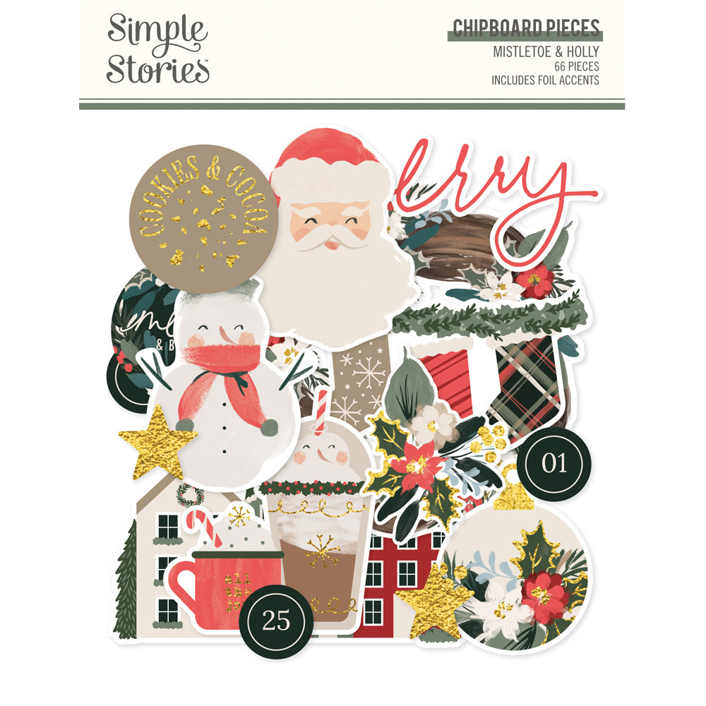 Simple Stories - Mistletoe & Holly Chipboard Pieces (Gold Foil) **PRE-ORDER**