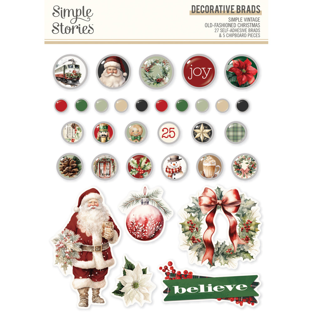 Simple Stories - Simple Vintage Old Fashioned Christmas Decorative Brads **PRE-ORDER**