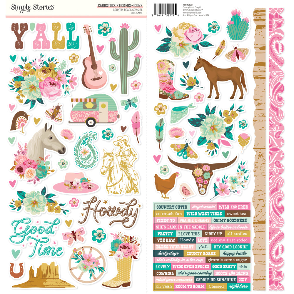 Simple Stories - Country Roads Cowgirl Cardstock Stickers Icons **Pre-Order**