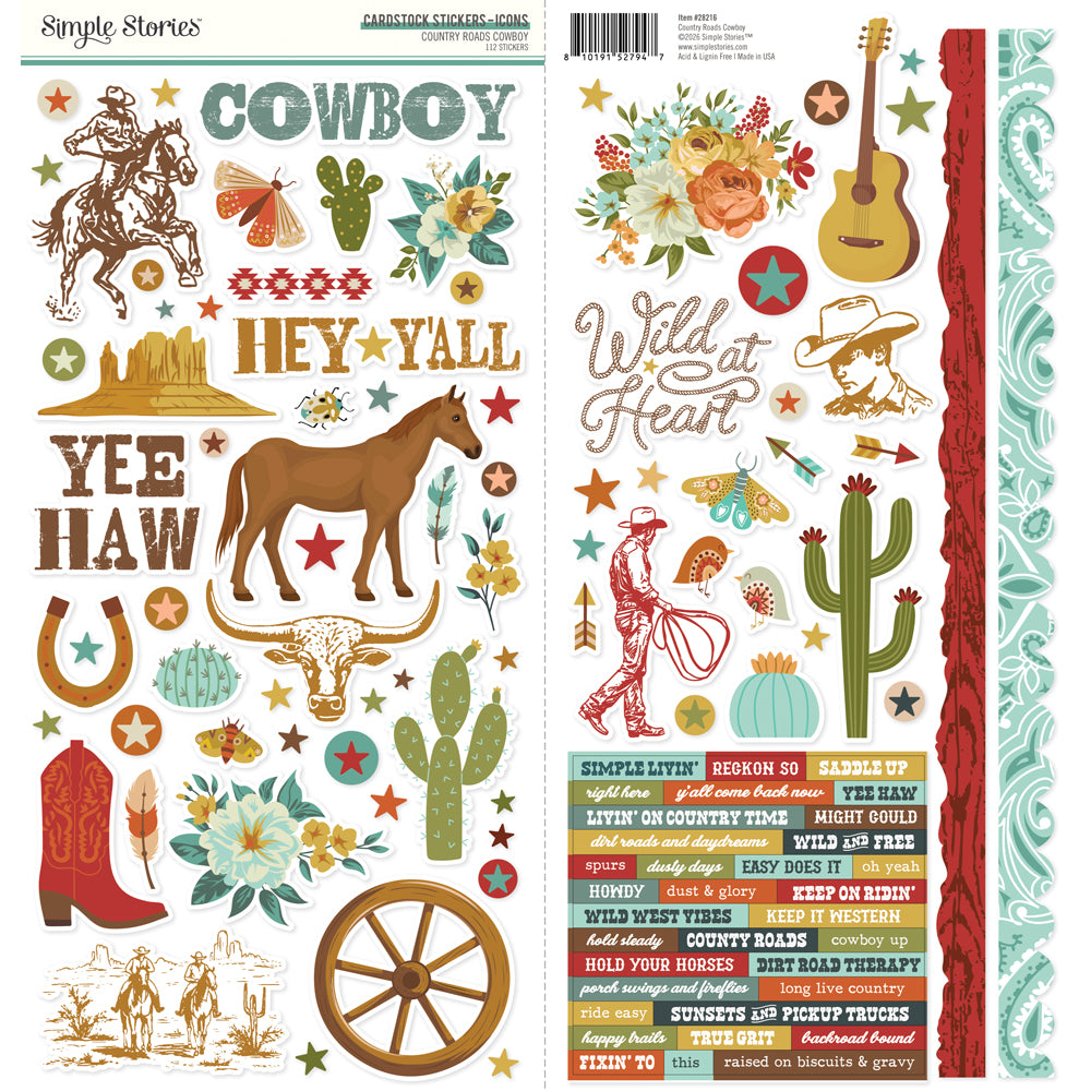 Simple Stories - Country Roads Cowboy Cardstock Stickers Icons **Pre-Order**