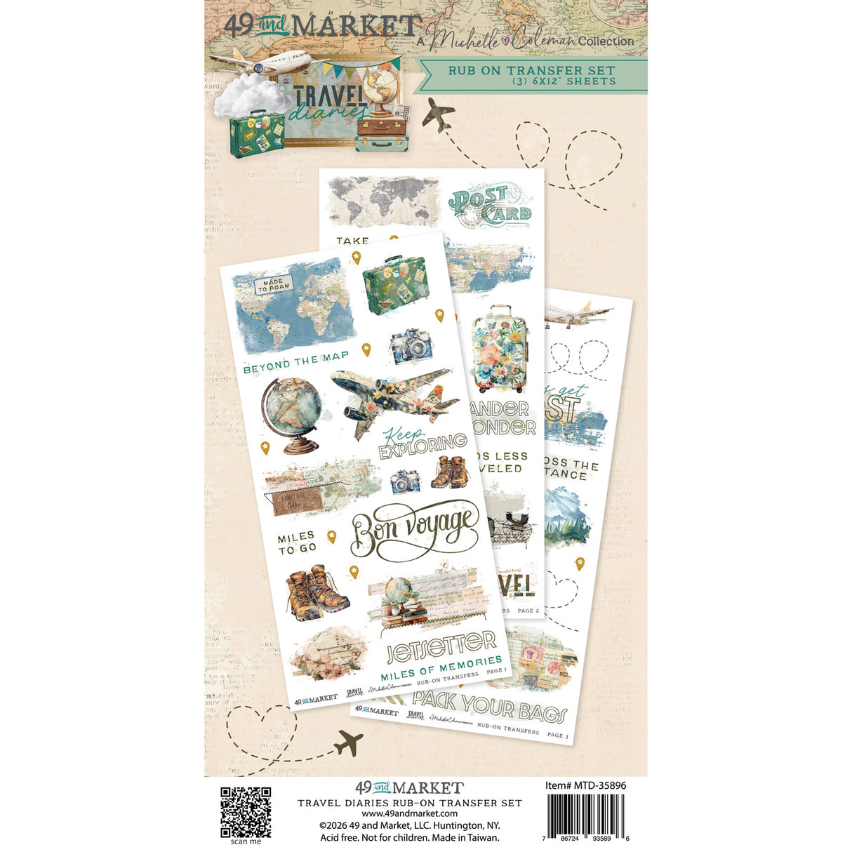 49 and Market 6 x12 Blendable Rub-on Transfer Set - Travel Diaries