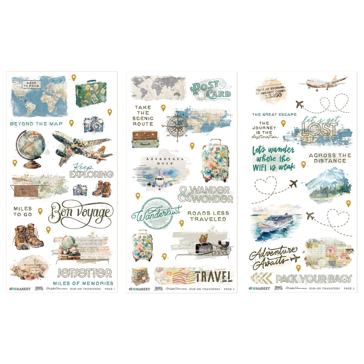 49 and Market 6 x12 Blendable Rub-on Transfer Set - Travel Diaries