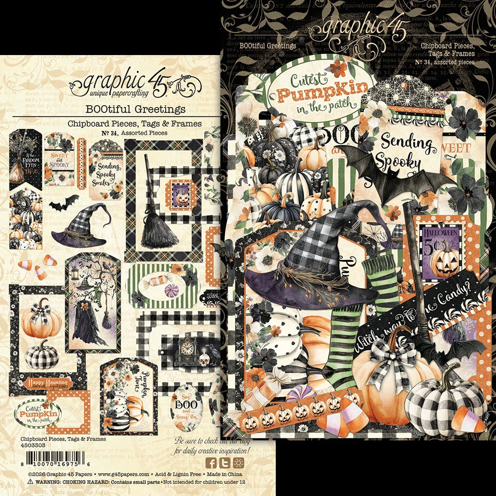 Graphic 45 - BOOtiful Greetings Collection - Chipboard Embellishments - Tags And Frames