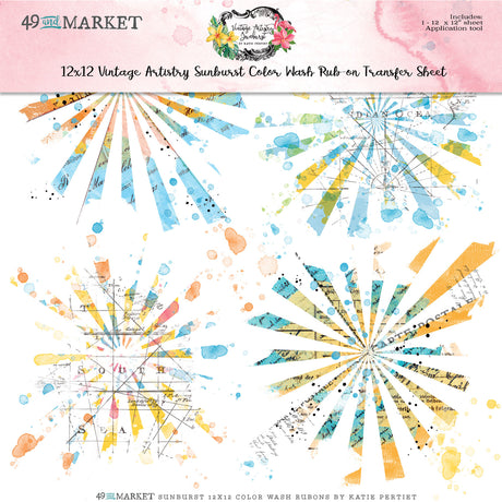Create a unique and eye-catching project with this Vintage Artistry Sunburst Rub-on Transfer Sheet. This 12"x12" sheet features beautiful sunbursts with hints of maps in varying patterns - perfect for adding a sophisticated effect to a variety of clean surfaces.